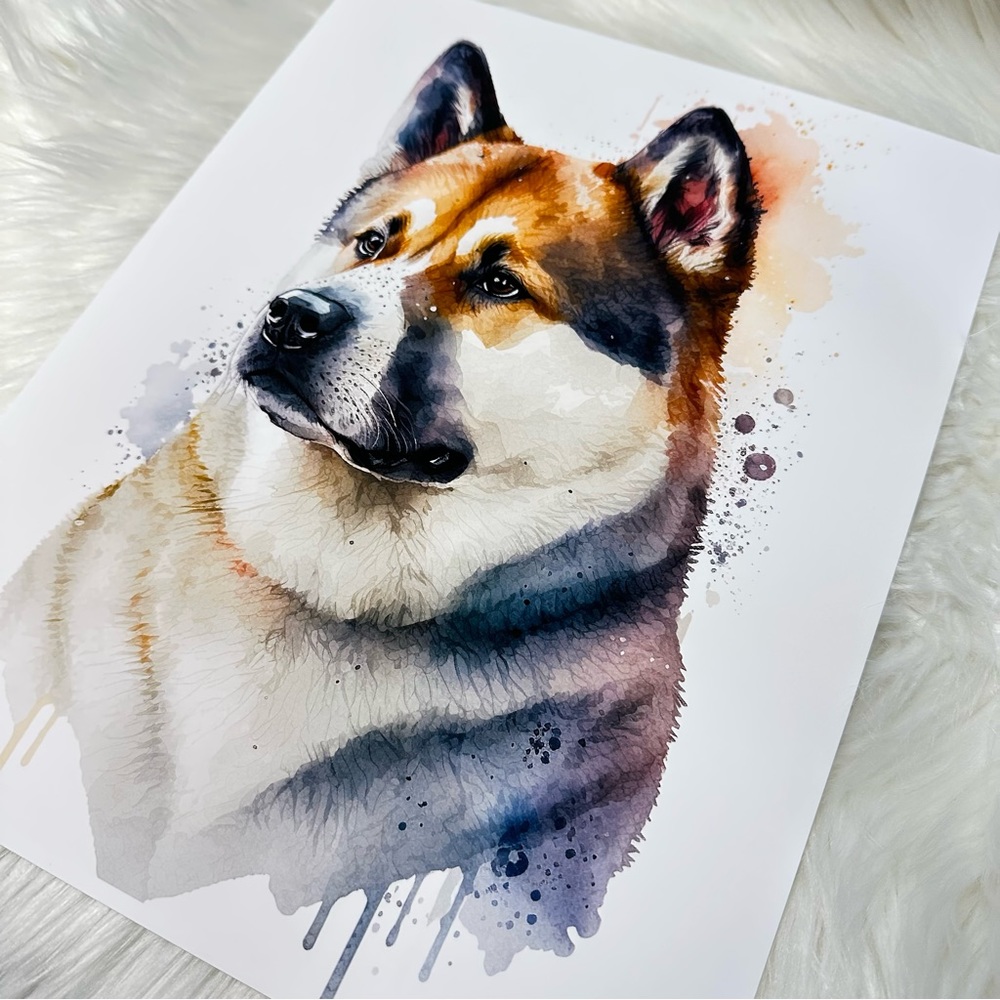 Watercolor American Akita Dogs Portrait Wall Art Illustration Print Unframed - Picture 5 of 8